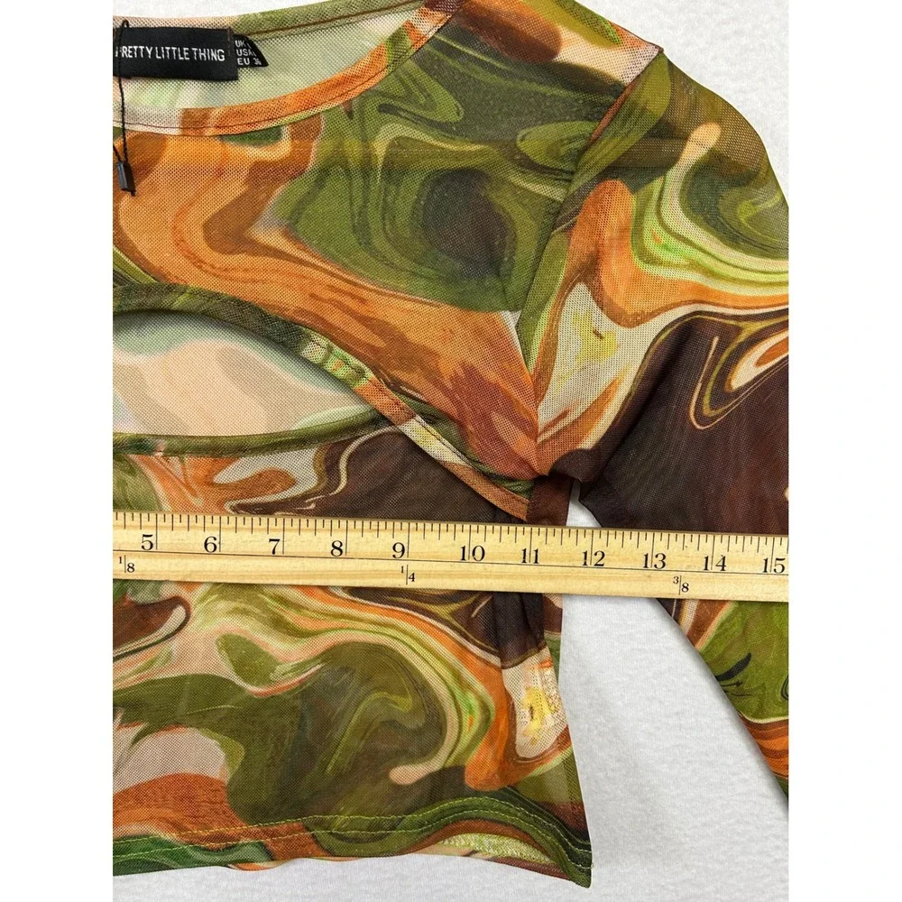 PrettyLittleThing Marble Mesh Cutout Festival Womens 4 Green Orange Crop Top